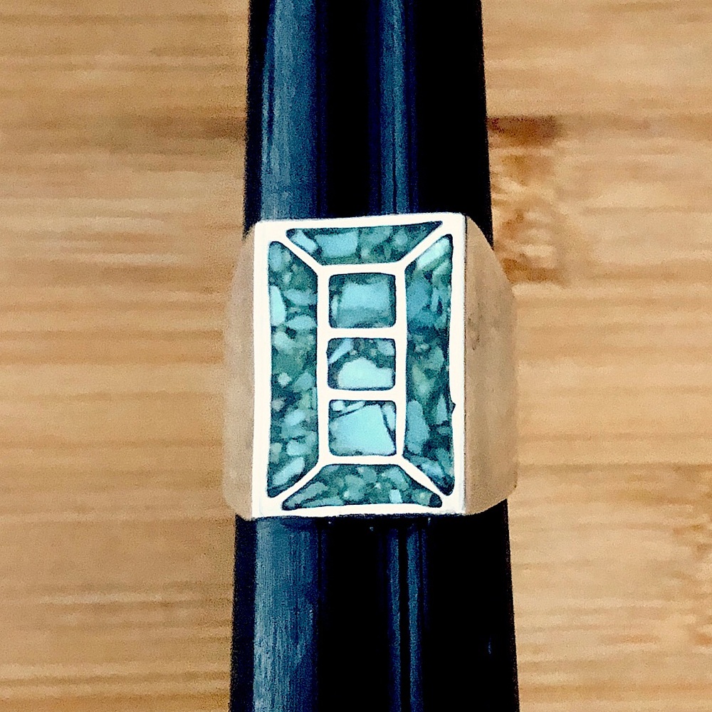$87  Southwest Mosaic Turquoise Estate Ring  Sterling   Size 9 & 1/2  No Mark